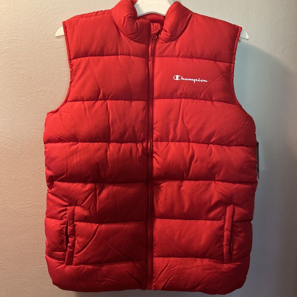 Champion Puffer Vest Red XL Quilted Lychee Full Zip Stand Collar Logo 18/20